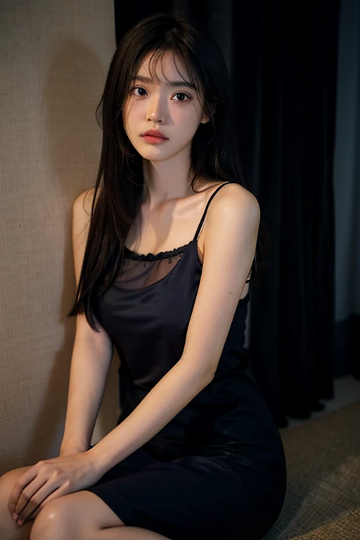 Best Quality, masutepiece, 超A high resolution, Photorealistic, Raw photo, Unity 8k壁纸,(Midnight:1.1), dark blue theme,Dim lighting,
1girl in,See-through dress,Black nightgown,hair messy,  Empty room,(Sitting on floor, Against Wall:1.1), window, Transparent curtains,smil