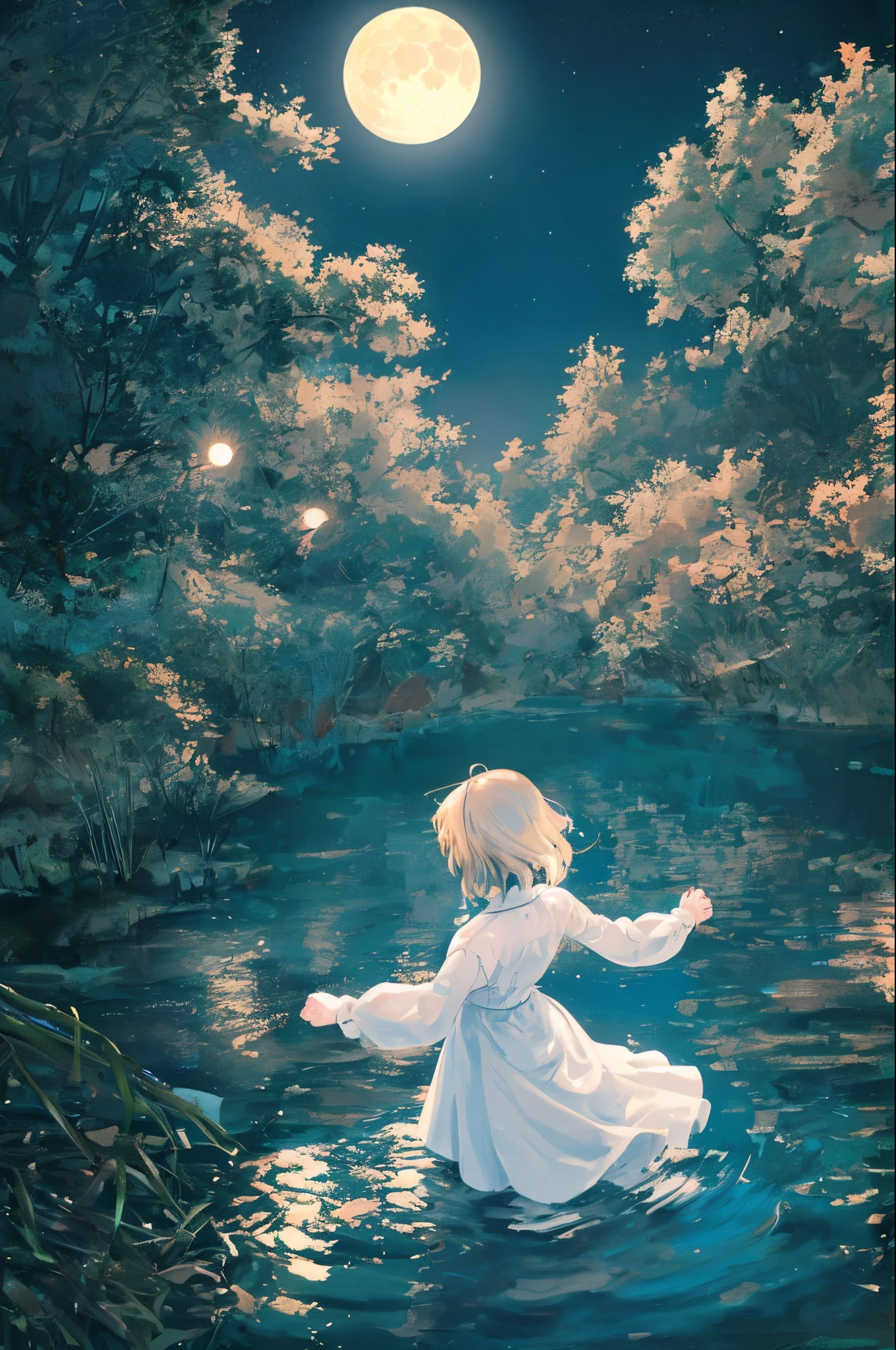 A girl falls into the water, neon lights, moon in the background