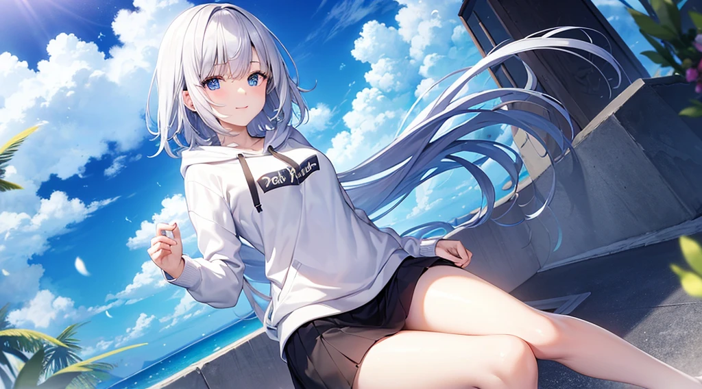 Look at viewers, hands behind back, girl with, 20 years old, Very short hair, long bangs between eyes, pale blue eyes, Hoodie, Skirt , Blue sky, Sunlight, Extremely detailed,(masterpiece、top-quality)、独奏、White hair、Black eyes、A smile、White skin as clear as snow、Fantastical, Silver hair, Blue eyes, Beautiful eyes,, Ecstasy, charmed, be smitten with audience, Hoodie, White hoodie,a black skirt,Sea view
