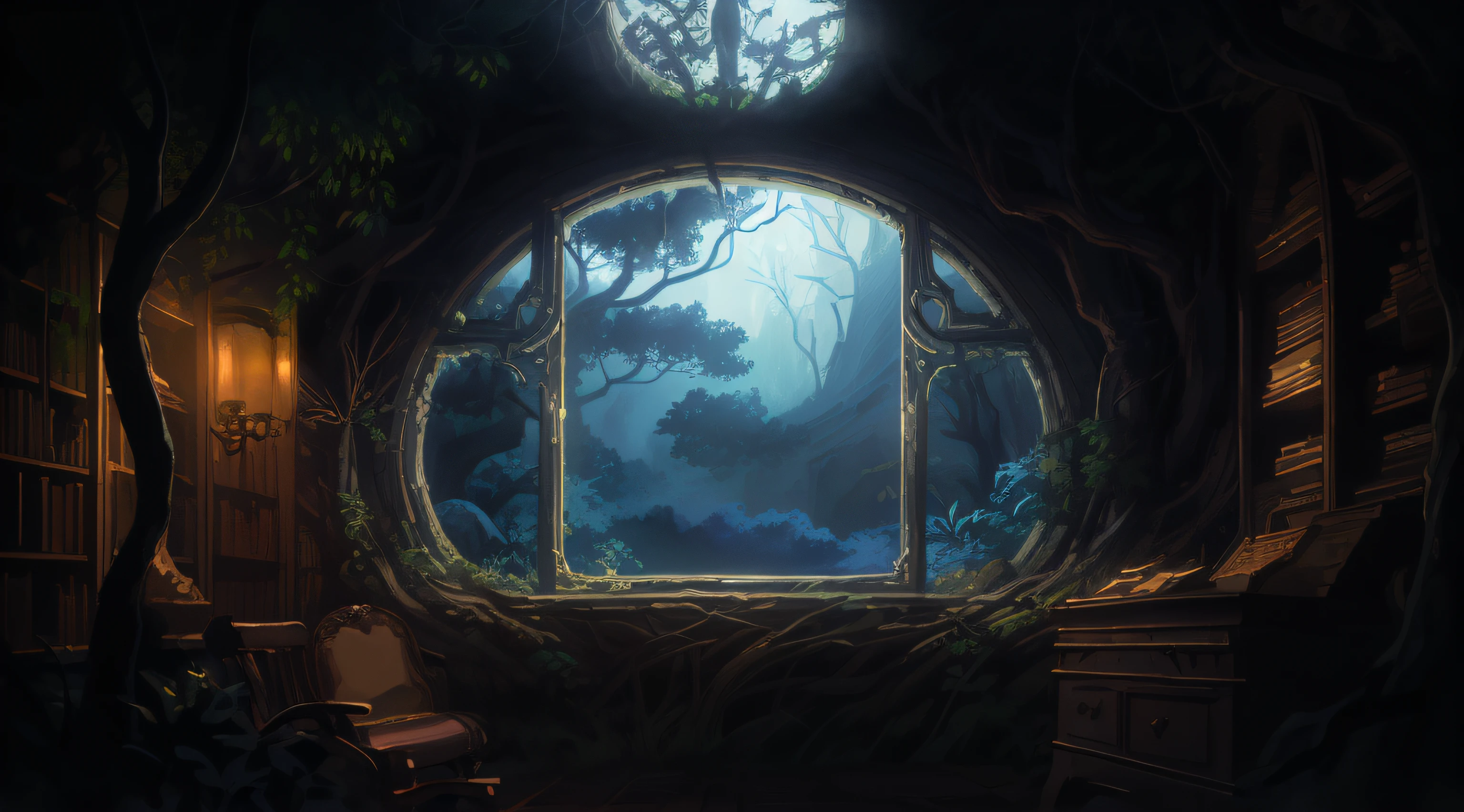 there is a window in the room with a view of the forest, magical environment, interior background art, cosy enchanted scene, steampunk forest background, background artwork, cartoon moody scene, realistic fantasy illustration, beautiful render of a fairytale, dark atmosphere illustration, deep inside the forest, large windows to forest at night, fantasy overgrown world, enchanted magical fantasy forest