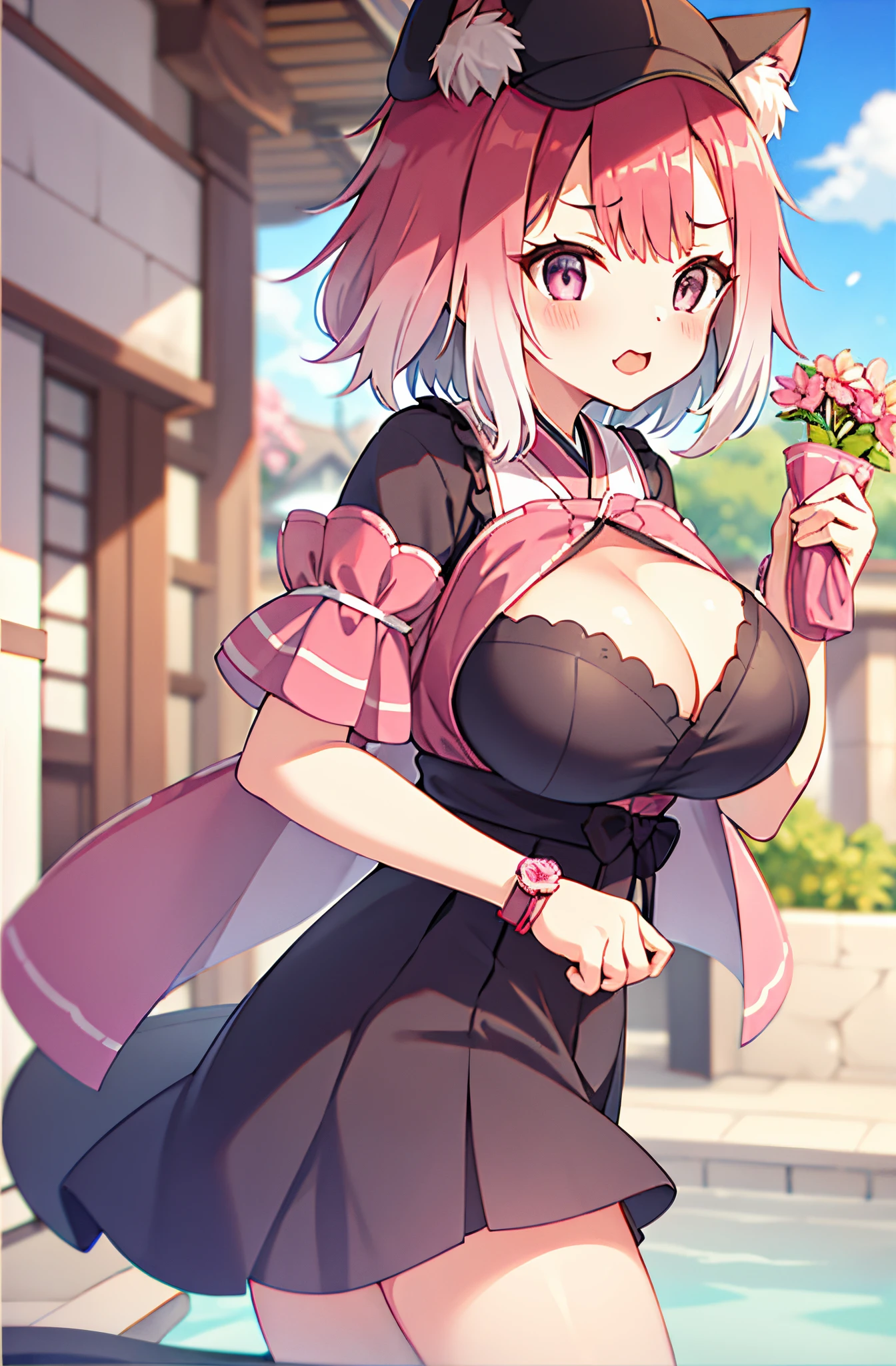 1 busty girl,Tamaki,default,Common,catss_Hall, catss_girl,food,fail,shop,blossom flower,Dark_with pink hair,(Huge cleavage),lifting her skirt，Black panty