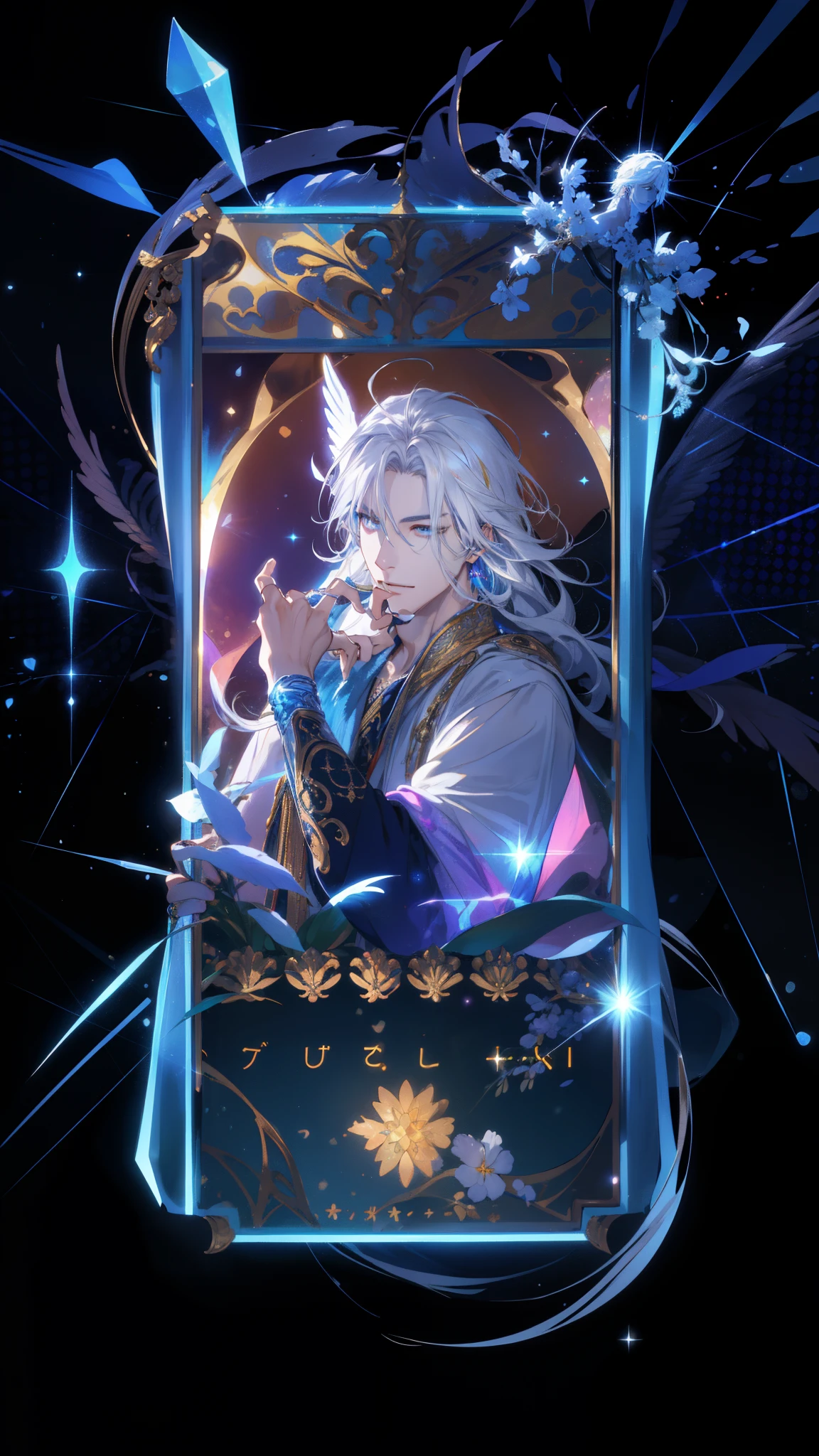 (absurdres, highres, ultra detailed), 1 male, adult, handsome, tall muscular guy, broad shoulders, finely detailed eyes and detailed face, pastel color long hair, fantasy, complex pattern, detailed face, angel wings, lens flare, colorful, glow white particles, white robe, gold bracelets and accessories, prism, glowing, glitter, particles, bloom, likes to celebrate and have fun, enjoys nature, bright and optimistic outlook, creative and adventurous spirit, represents happiness and harmony