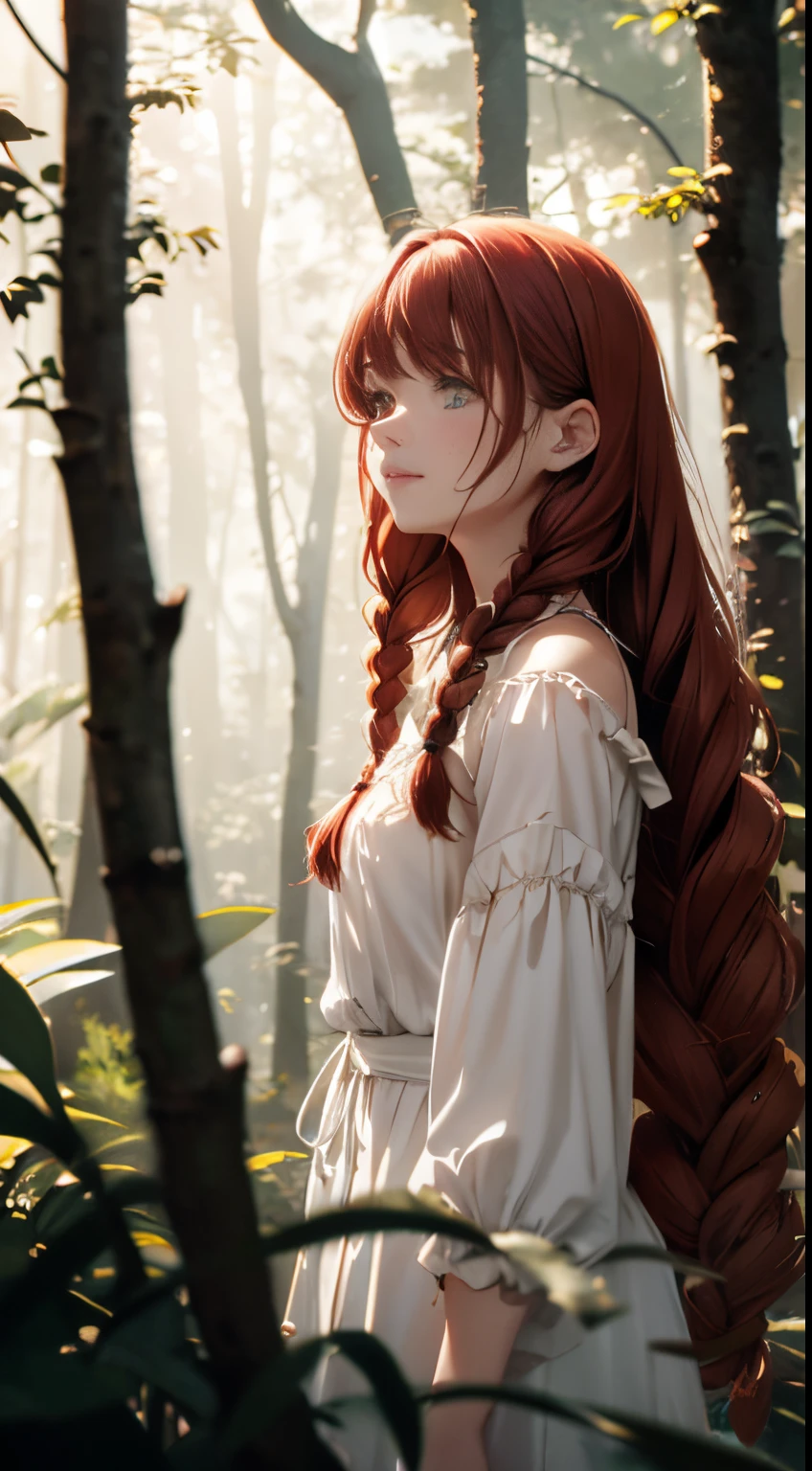 Full body portrait, forest, Night, fireflys, Beautiful Girl, redhair, Twin braids, real photo of 18 year old girl, curls, hitornfreckles, Unbuttoned, big neckline, White blouse, Torn dress, Nip slip, Black background, Light on Face, dream, Magical atmosphere, Cinematic lighting, embers, Fantasy, actionpose, myst, CRU photo, 8K UHD, Film grain