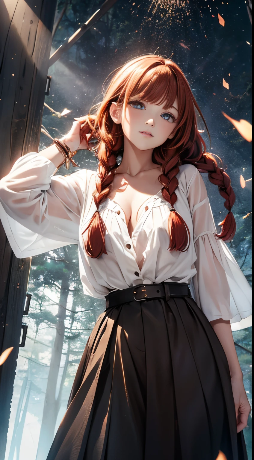 Full body portrait, forest, Night, fireflys, Beautiful Girl, redhair, Twin braids, real photo of 18 year old girl, curls, hitornfreckles, Unbuttoned, big neckline, White blouse, Torn dress, Nip slip, Black background, Light on Face, dream, Magical atmosphere, Cinematic lighting, embers, Fantasy, actionpose, myst, CRU photo, 8K UHD, Film grain