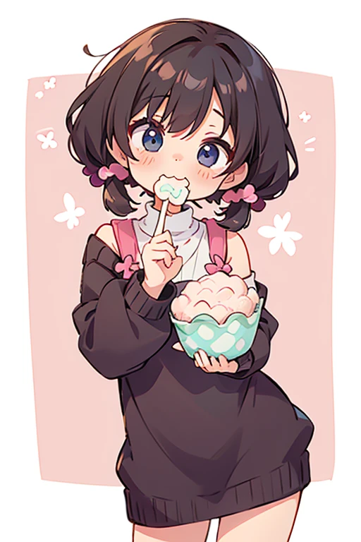 Shoulder sweater, Curly shorthair, hair scrunchie, Twin-tailed, kawaii pose、Eat mochi