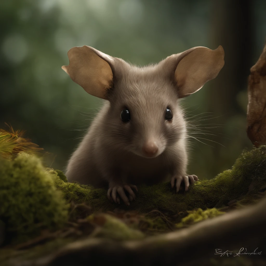 gremlin, like an echidna, Huge eyes, large ears, horns near the ears, big carrot in paws, white-gray fur, short tail, pink wool coat, standing under a huge oak tree, It stands near the lake, Masterpiece, in style of dark fantasy art
