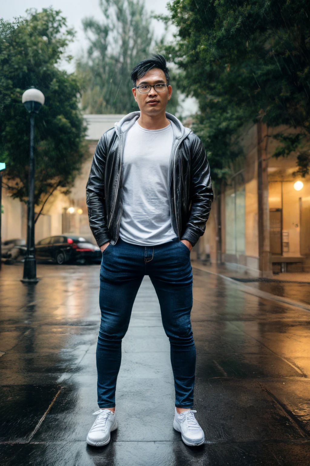 Andrew thomas huang, oval face, eyeglasses, neat muscular, hoodie jacket, jeans, sneakers, under rain, fullbody, realistic rain