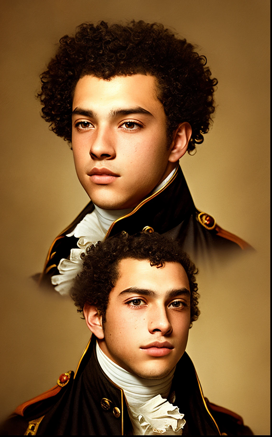 a young biracial teenage man, brother of marquis de Lafayette, french revolutionary soldier with dark brown curly hair and facial hair, set in the early 1700’s with cinematic lighting