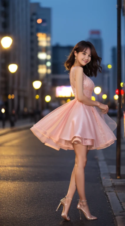 8K, masutepiece, Raw photo, Best Quality, Photorealistic, Highly detailed CG Unity 8K wallpaper, depth of fields, Cinematic Light, Lens Flare, Ray tracing, (Extremely beautiful face, Beautiful lips, Beautiful eyes), intricate detail face, ((Ultra detailed skin)) 1girl in, In the Dark, deepshadow, Pretty Korean girl, Kpop Idol, 1 girl, (Very slim and slender fit muscular body:1.3), ((Looking at Viewer)),(Big smile:1.3), (tight pink dress), (Lace Mini Dress), (roof-top, Cityscape, Midnight), Beautiful earrings, Bracelets, Necklace, pantyhose, Clear eyes, Walking , Front shot, (pale skin), (Big eyes), Face forward, (Full body shot), ((silk hot dress)), (Brown hairs), (tight lace dresses), open navel, (Looking at Viewer:1.3) Very slim, medium breasts, turn back, ((Back shot)), Medium Butt, see through, Transparent dress, nightgown, See-through gowns