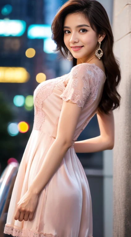 8K, masutepiece, Raw photo, Best Quality, Photorealistic, Highly detailed CG Unity 8K wallpaper, depth of fields, Cinematic Light, Lens Flare, Ray tracing, (Extremely beautiful face, Beautiful lips, Beautiful eyes), intricate detail face, ((Ultra detailed skin)) 1girl in, In the Dark, deepshadow, Pretty Korean girl, Kpop Idol, 1 girl, (Very slim and slender fit muscular body:1.3), ((Looking at Viewer)),(Big smile:1.3), (tight pink dress), (Lace Mini Dress), (roof-top, Cityscape, Midnight), Beautiful earrings, Bracelets, Necklace, pantyhose, Clear eyes, Walking , Front shot, (pale skin), (Big eyes), Face forward, (Full body shot), ((silk hot dress)), (Brown hairs), (tight lace dresses), open navel, (Looking at Viewer:1.3) Very slim, medium breasts, turn back, ((Back shot)), Medium Butt, see through, Transparent dress, nightgown, See-through gowns