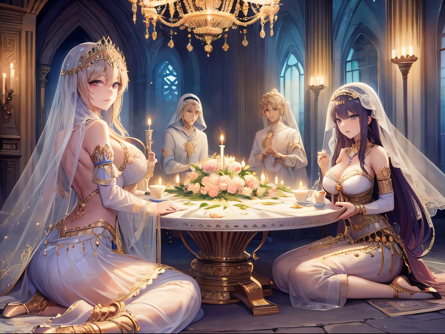 Harem, arabian great hall, 4 beautiful girl and prince, veil, flowers, chandelier, feast, (Masterpiece), (Best Quality), (Ultra high Detailes)