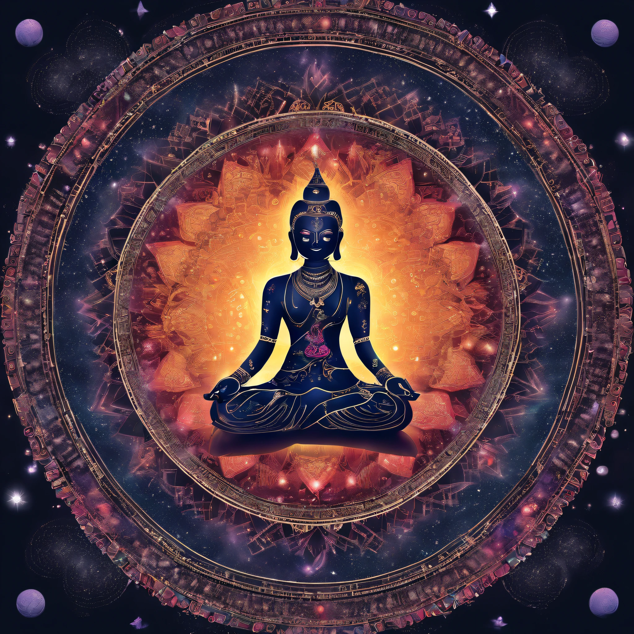 Buddha meditating in front of rainbow aura background, mandala style, Art bud, Ultra-high-definition images, gongbi, Vision, Mysterious mechanism, The Queen's Throne，Seal with both hands，Dressed in ancient costume