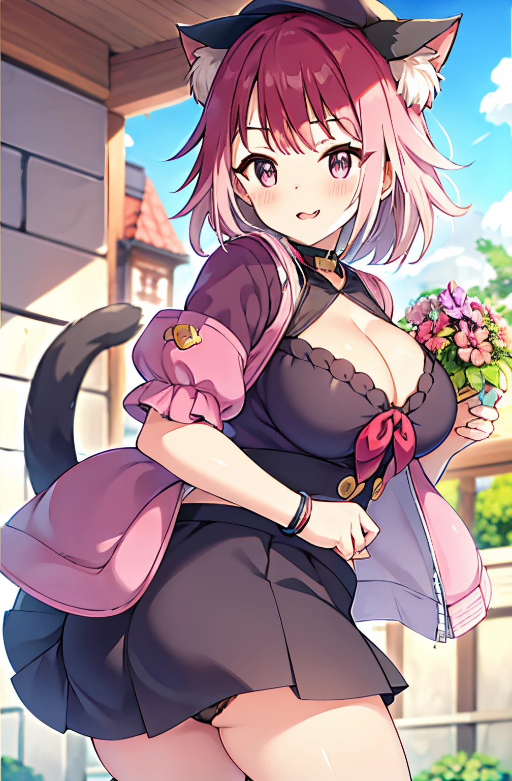 1 plump girl,Tamaki,default,Common,catss_big hall, catss_girl,food,fail,shop,blooming flower,Dark_with pink hair,(Huge cleavage),lifting her skirt,Black panty,Two cat tails