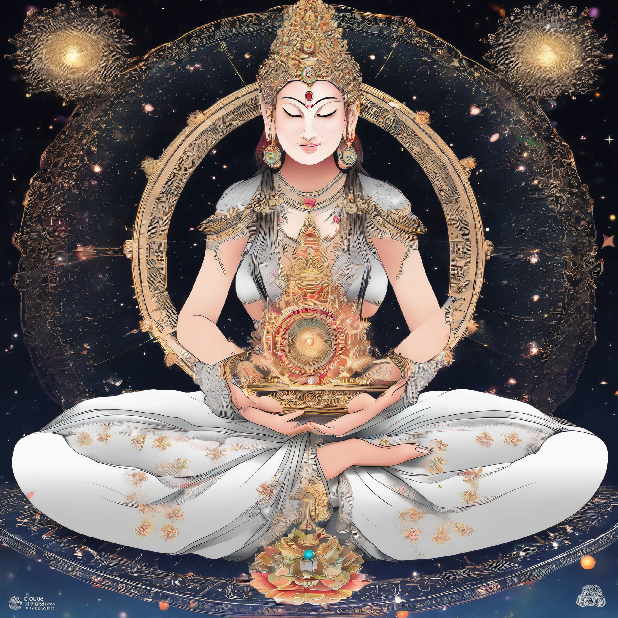 ((mantra)),pusa,1boy,ocean,stars,starry sky,rainbow,night,sun,crown,necklace,circle,sitting on lotus,(lotus),jewelry,bracelet,crescent moon,earrings,magic circle,flower,bird,
,,<lora:yuzuv10:0.7>,
<lora:add_detail:2>, <lora:fopusav6:0.8>