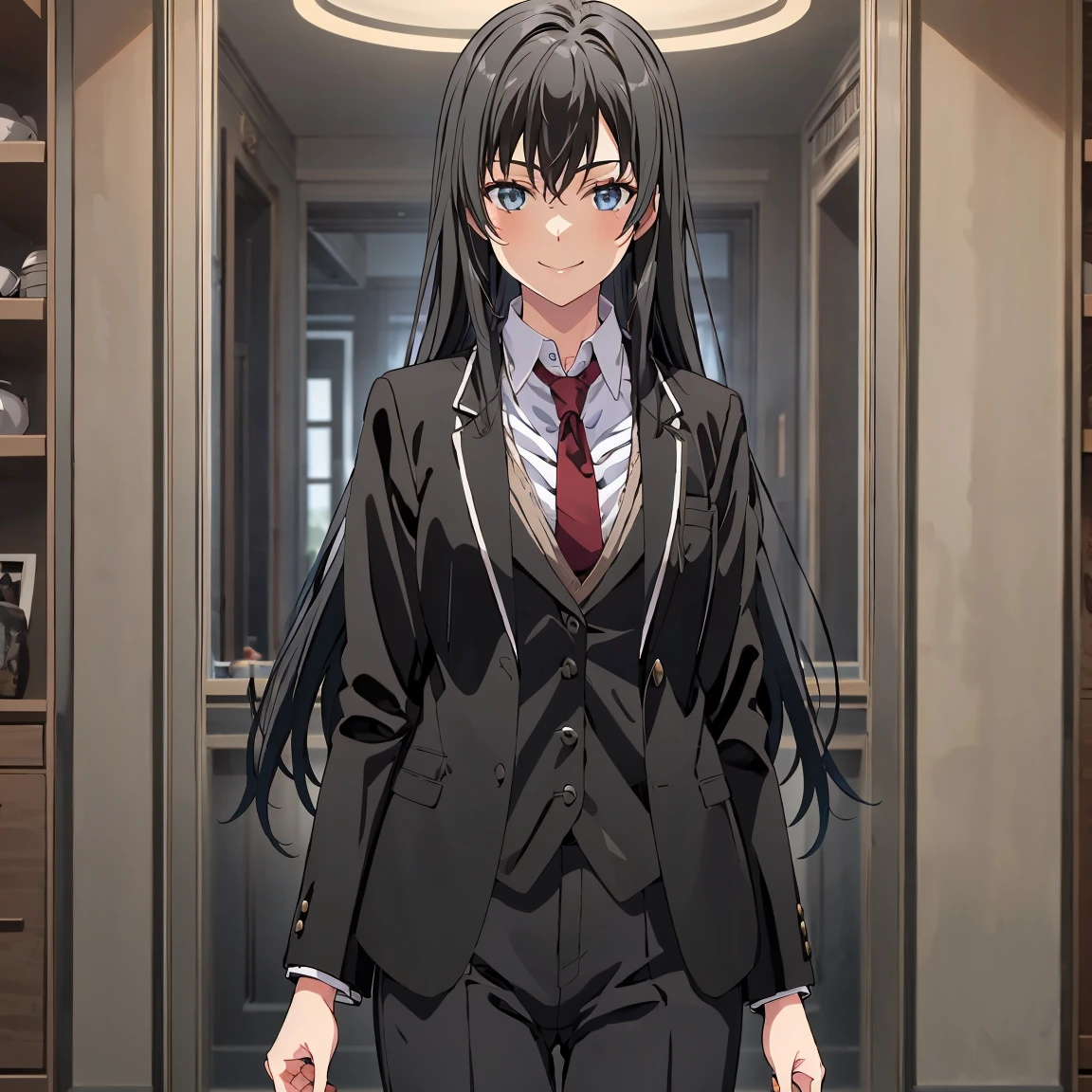 1GIRL , Yukinoshita yukino ,woman in formal suit tuxedo tailcoat standing in a large alcove in the room, 1girl, solo, necktie, black hair, blue eyes, long hair, smile, jacket, looking at viewer