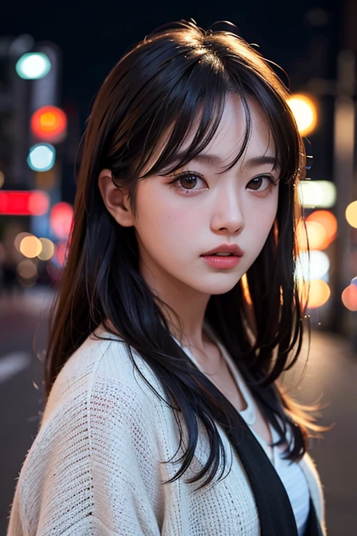1girl, Tokyo street,night, cityscape,city lights, upper body,close-up, 8k, RAW photo, best quality, masterpiece,realistic, photo-realistic,
