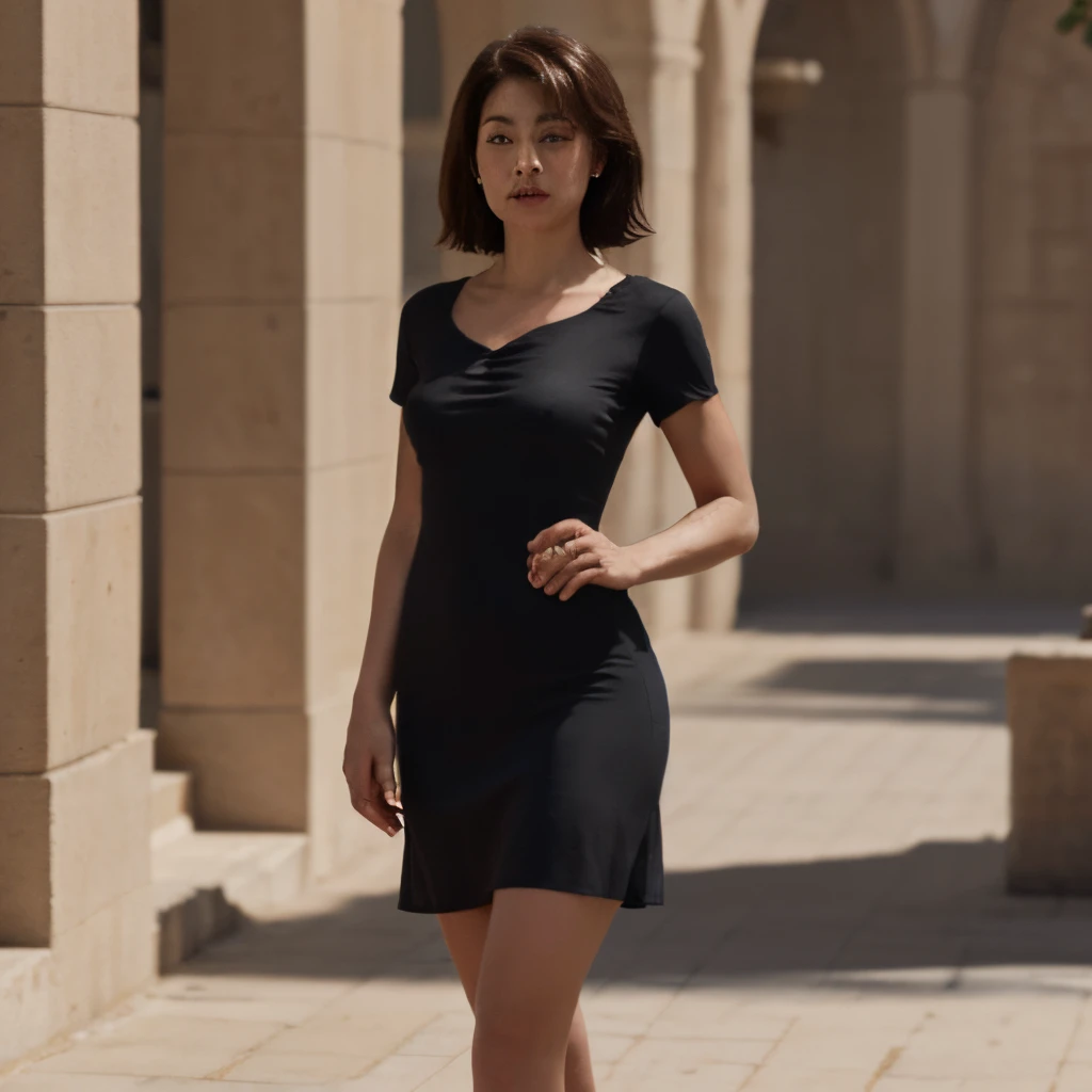 8k, Yunjin de lesserafim, vestido negro, grandes pechos, pallor