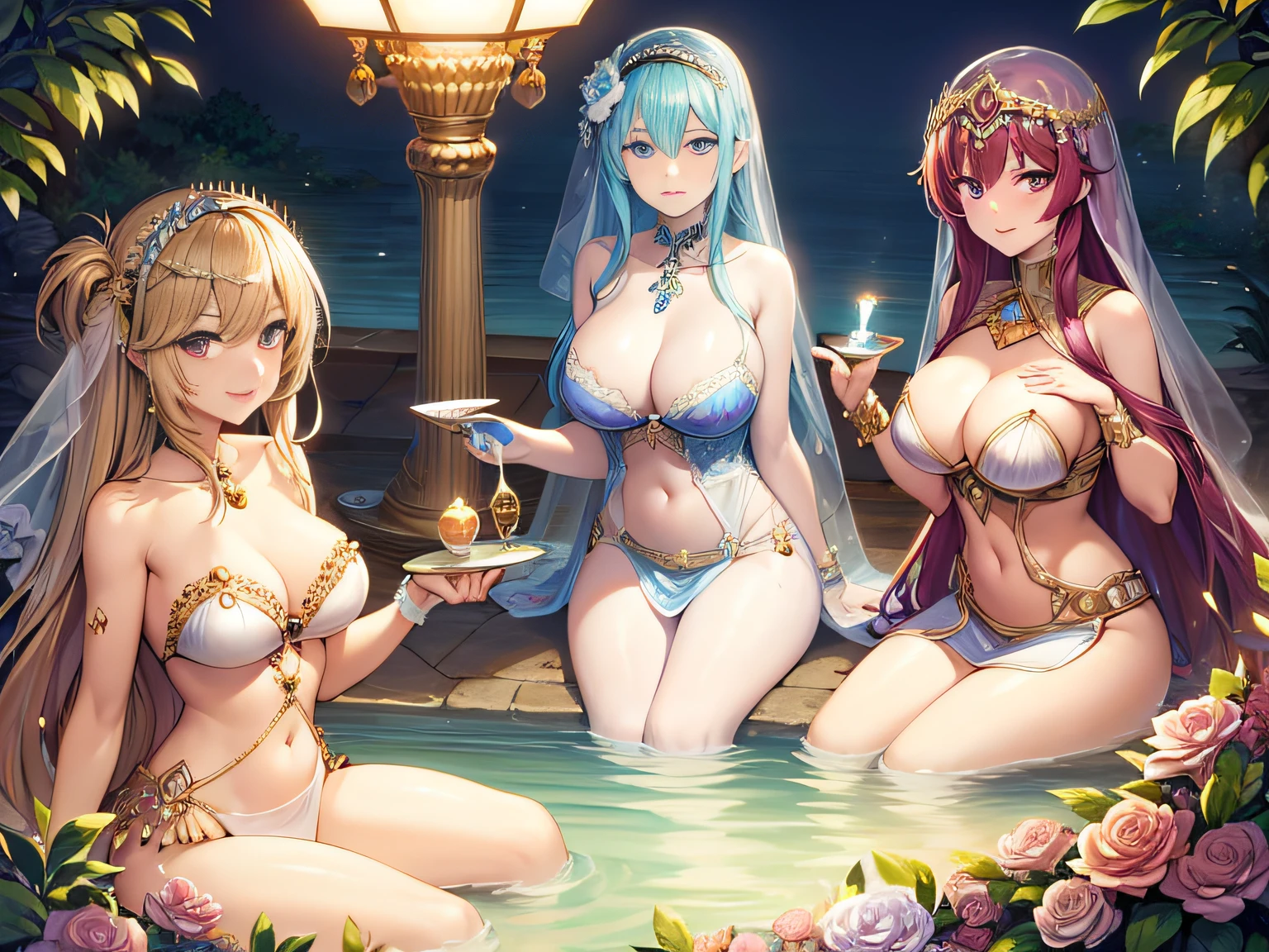 harems, At the Arabian public bath, 4 Beautiful girl and prince, veils, Flowers, chandeliers, feast, (masutepiece), (Best Quality), (ultra high detail)
