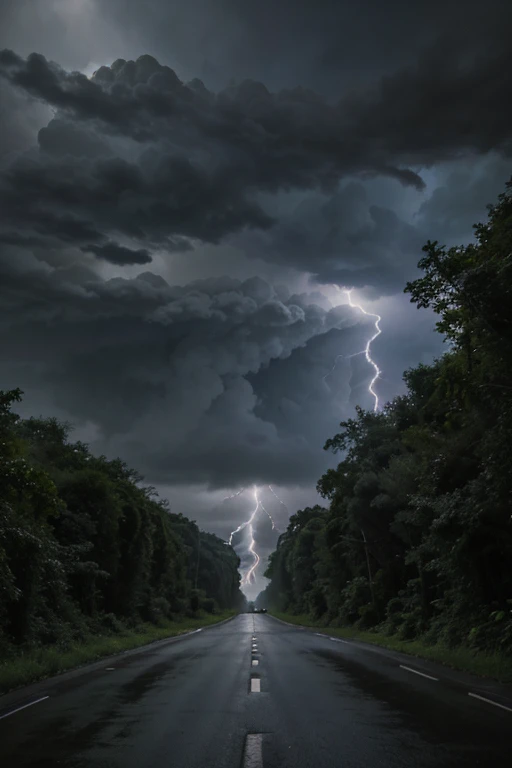 jungle forest, storm, lightning, fog, road