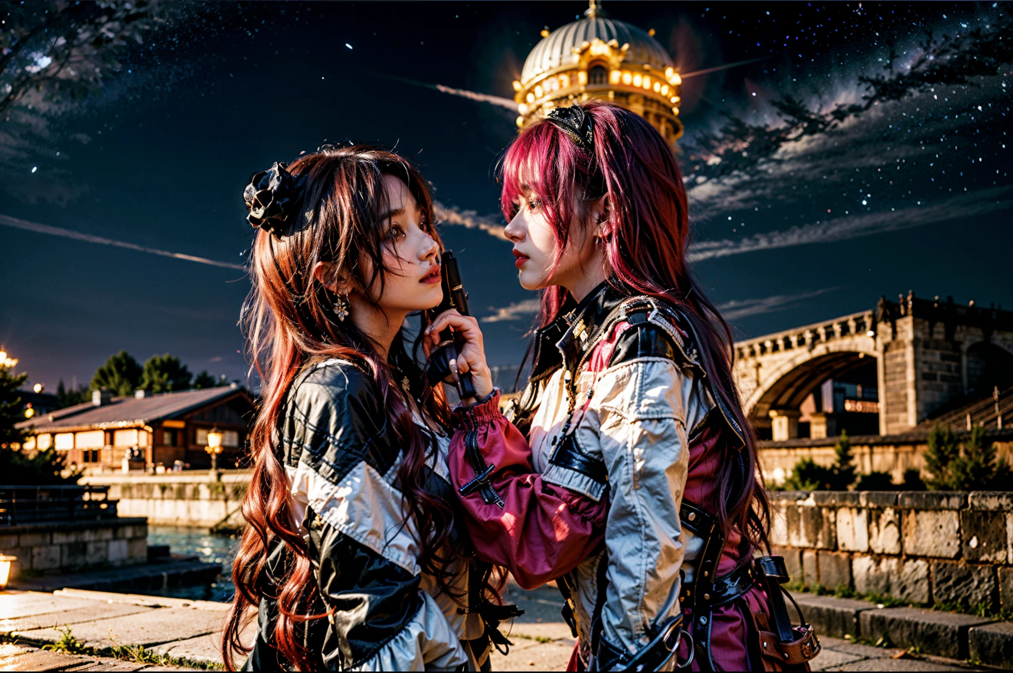 2 girls standing in a magnificent castle with gothic fantasy style:1.3, huge castle:1.4, 2 beautiful girls, beautiful faces, (((realistic))), perfect anatomy, perfect face, A girl with pink hair stands on the left, a girl with purple hair stands on the right, night sky:1.4