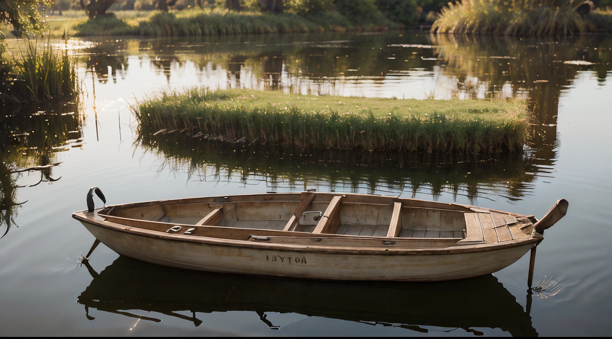 summer pond, pond, boat, afternoon sun, reeds, pond background, depth of field, hot weather, wet watermark, hyperdetail, realistic photo, 4k, surrealism, soft light, deep field focus bokeh, ray tracing, diffuse (ultra-fine glass reflection) and surrealism. --v6