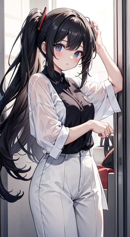 A woman in a white shirt and black pants is posing, anime sedutora, (SFW) seguro para o trabalho, Estudante realista, uma aluna hiperrealista, uma aluna hiperrealista, tocando suas roupas, detalhes finos. Linha de frente das meninaelando roupas, estilo anime ecchi, Oppai, meninas animntadoras, vestindo jaleco e blusa, Ecchi