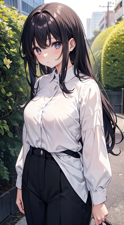 A woman in a white shirt and black pants is posing, menina anime sedutora, (SFW) seguro para o trabalho, Estudante realista, uma aluna hiperrealista, uma aluna hiperrealista, tocando suas roupas, detalhes finos. Linha de frente das meninas, revelando roupas, estilo anime ecchi, Oppai, meninas anime encantadoras, vestindo jaleco e blusa, Ecchi