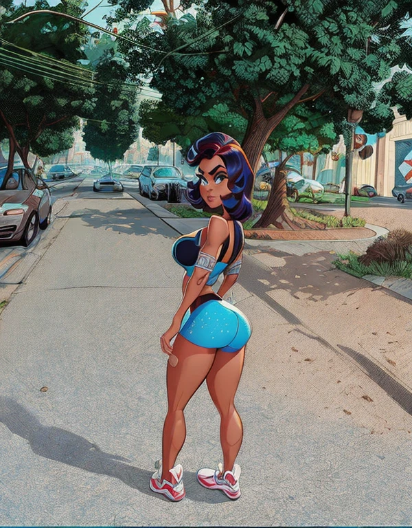 marge simpson, blue hair, afro, red necklace, medium breasts, colored skin, yellow skin, ass, ass focus, ass grab, skindentation