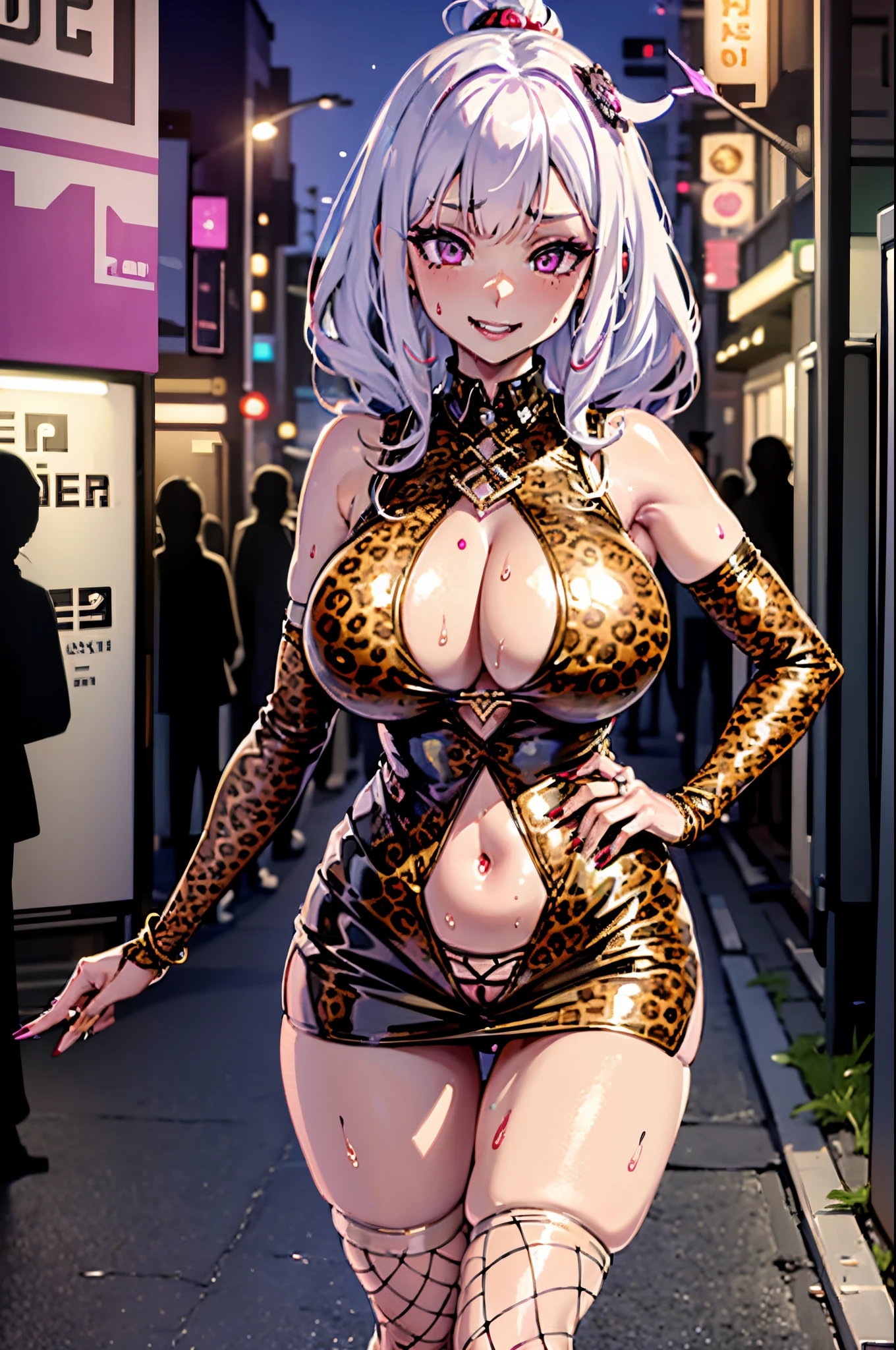 masutepiece, Best Quality, colorful, ray tracing, perfect lighting, extremely detailed 8k wallpaper, detailed background, High resolution, solo, 1girl, Full body, Description Girls, detail hands, Detail fingers, Detail Face, cute face, detail legs, overdetailed art, Fine details,Huge breasts, Huge ass, steam, (Sweat), white hair, straight hair, pale skin, purple eye shadow, pale purple eyes, red lips, (whore outfit), (cheetah print), jacket over outfit, in town, crowd, evil grin,