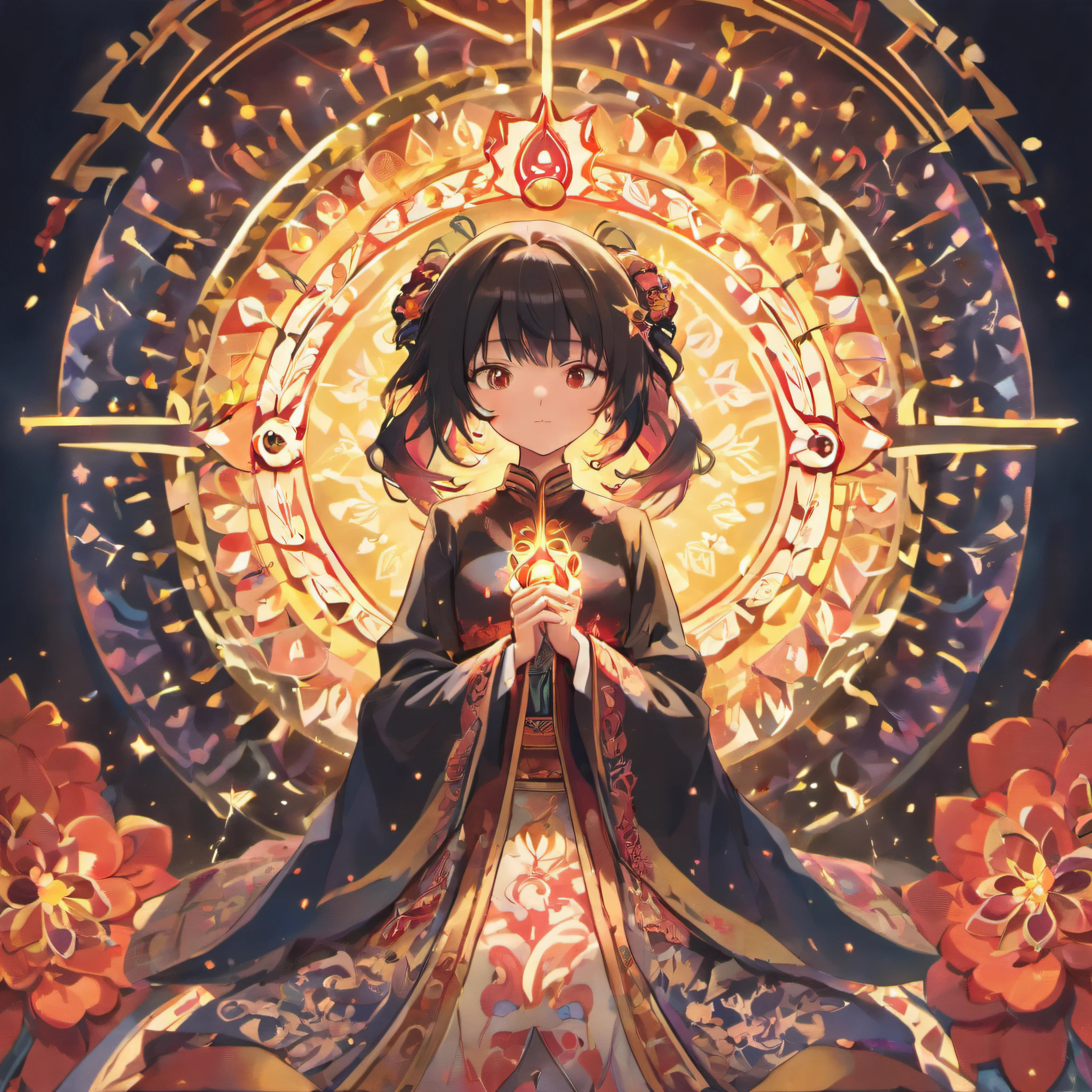 ((Mandala diagram representing the world of Buddhism)、(satori)、(reincarnation)、harmony、eternity、excellence)、best composition、masutepiece、kosmos、A beautiful black-haired practitioner holds hands and prays with a mandala in the background.