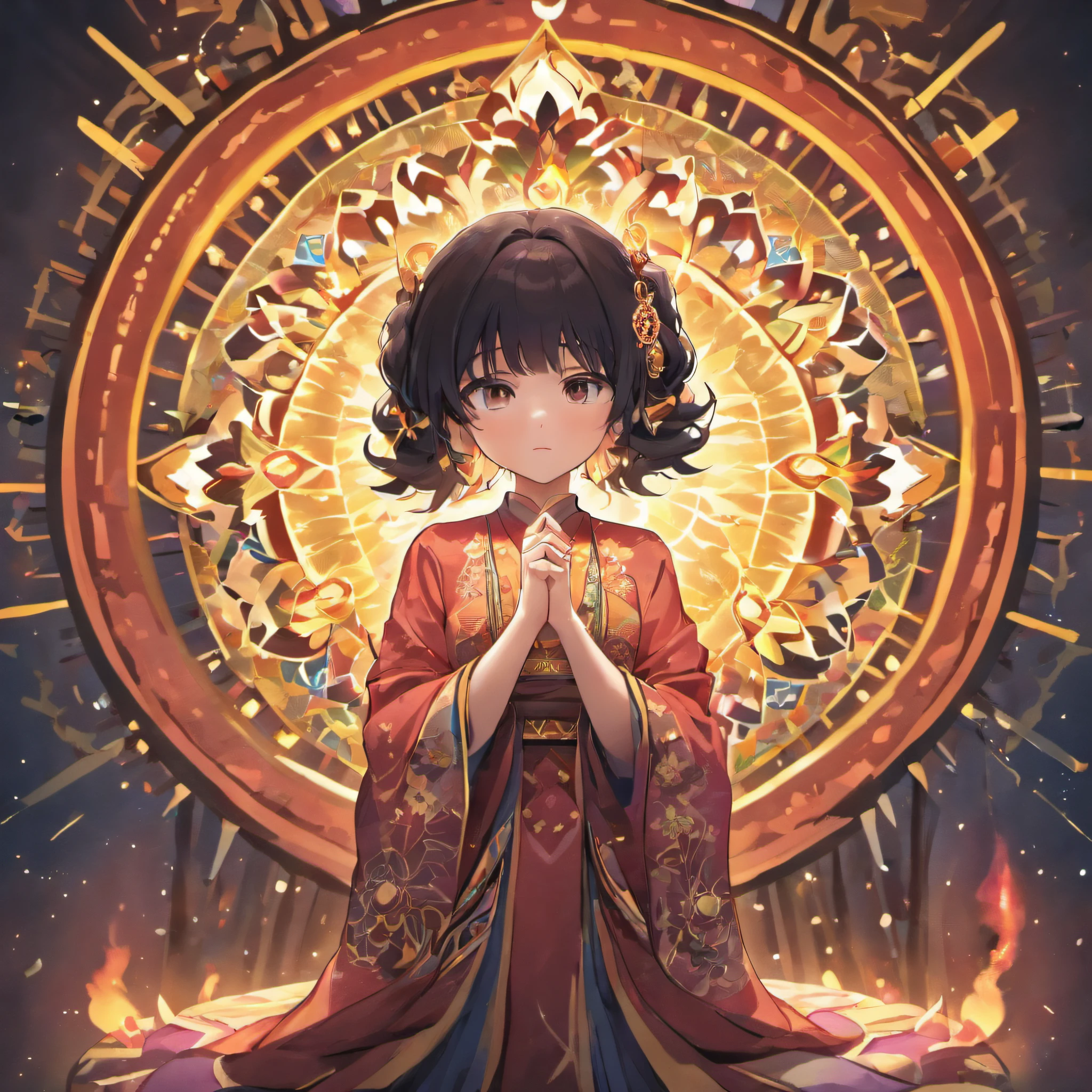 ((Mandala diagram representing the world of Buddhism)、(satori)、(reincarnation)、harmony、eternity、excellence)、best composition、masutepiece、kosmos、A beautiful black-haired practitioner holds hands and prays with a mandala in the background.