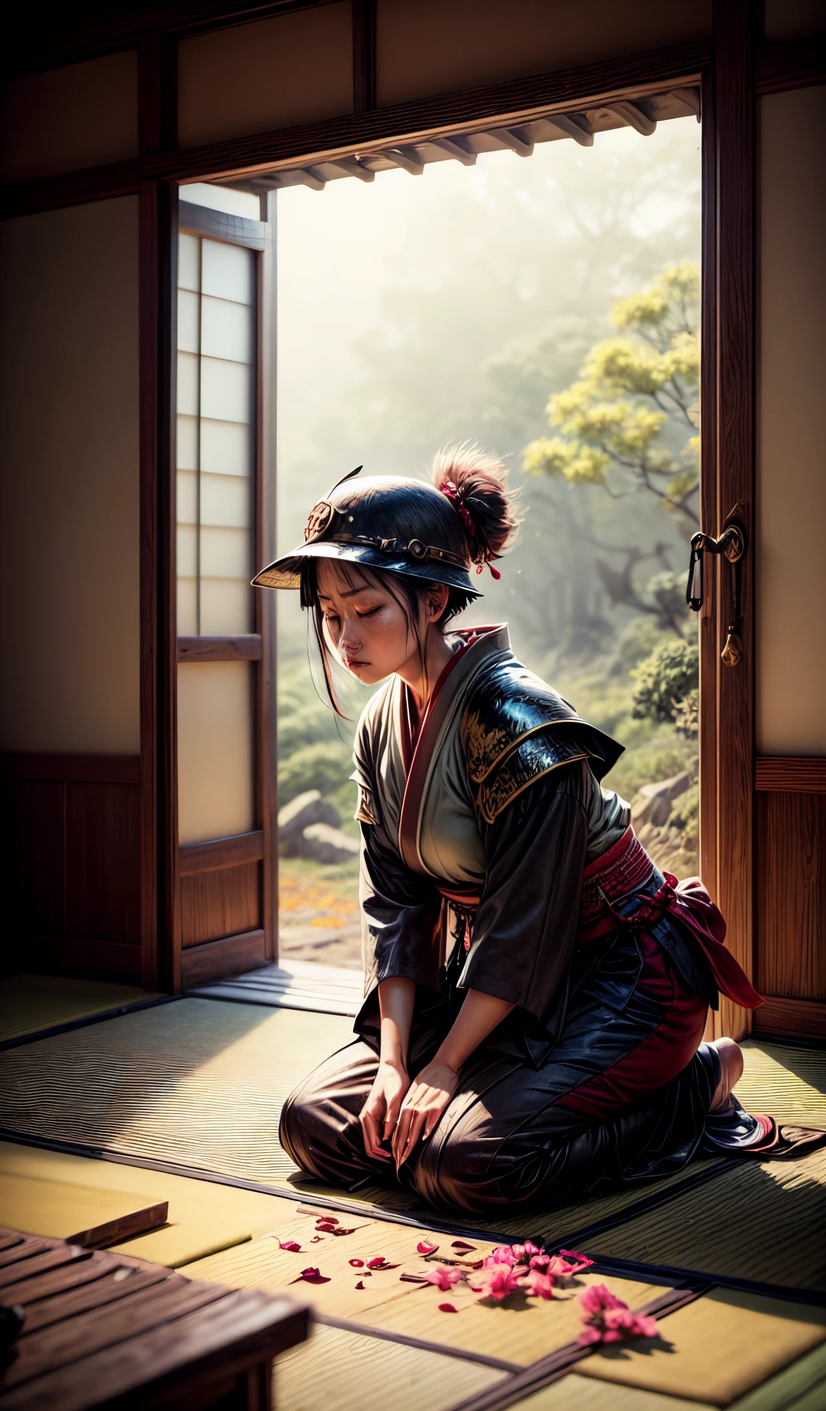 "(best quality,4k,8k,highres,masterpiece:1.2),ultra-detailed,realistic, HDR, autumn scene in Japan, flying autumn leaf, (broken, damaged, old) samurai armor, (kneeling, crouching) samurai, (falling, scattered) autumn leaves, (dirty, weathered) katana, (cracked, damaged) helmet, (vivid, vibrant) colors, (soft, warm) color palette, (natural, warm) lighting, (serene, peaceful) atmosphere, traditional Japanese landscape, (tranquil, quiet) ambiance, (rustling, gentle) breeze, hidden face, (mysterious, secretive) samurai, (forgotten, abandoned) battlefield, (tranquil, calm) energy, (nostalgic, wistful) scenery, (captivating, mesmerizing) autumn colors, (calm, serene) demeanor, (decayed, worn-out) surroundings, (lost, forgotten) battleground, fallen cherry blossom petals, delicate brushstrokes, essence of Japanese culture"