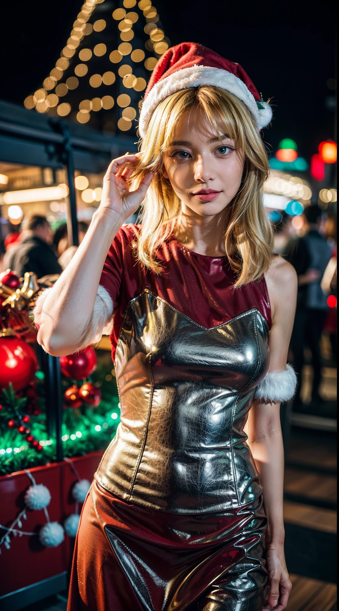 Christmas fashion, christmas outfit, vibrant christmas party scene, immersed in the vibrant atmosphere of a night christmas party. The night christmas party scene is alive, a lively night party, and people having fun because christmas, capturing the spirit of christmas, war, and self-expression that defined the christmas culture, midshot, centered image, ultra detail, extremely face detail, extremely eye detail, blonde lightest medium hair, pop up emo hair, pose