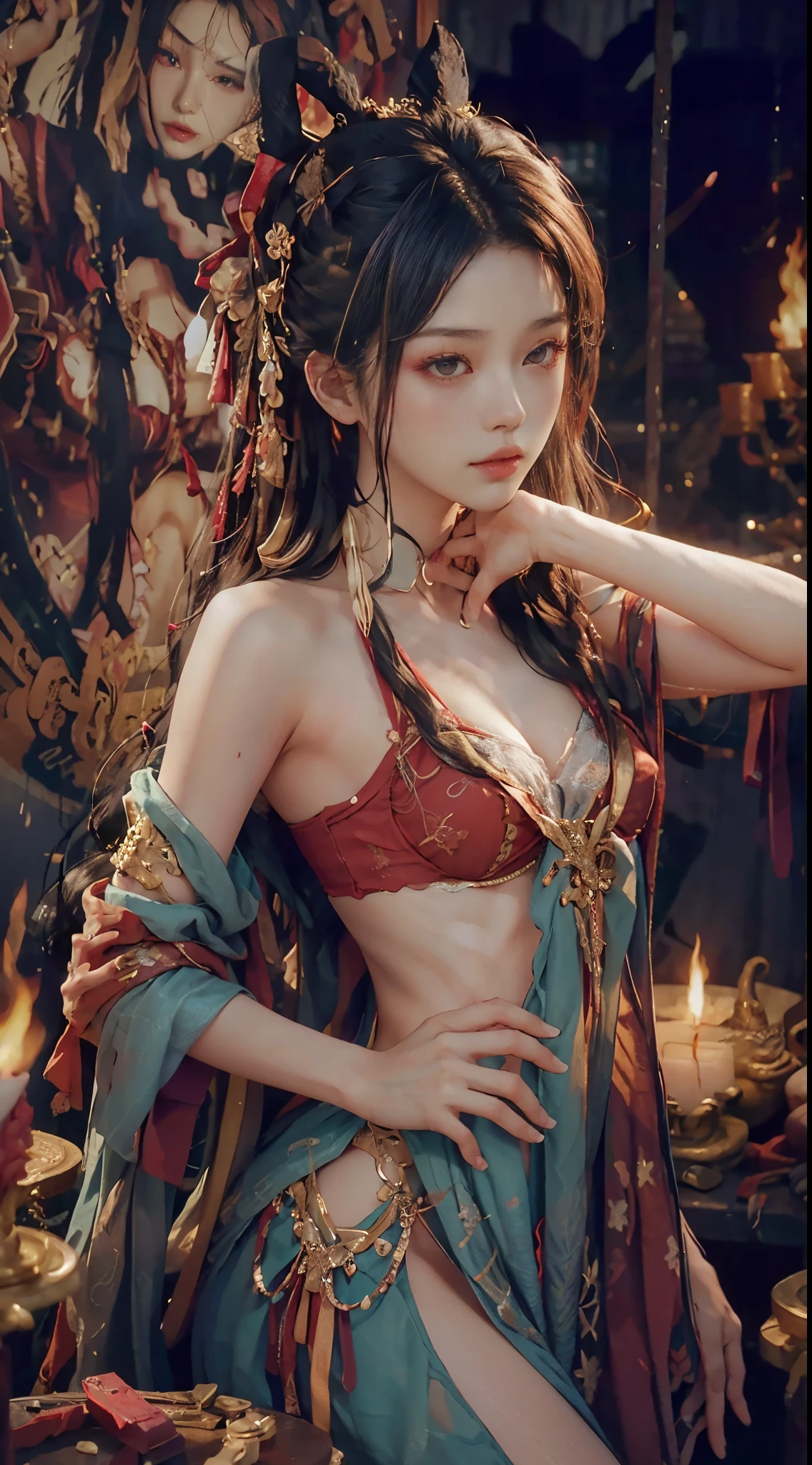 (From the outside)Best quality,tmasterpiece,Realistic photos,Complicated details,RAW photos,Broken temple,rainy outside,Erotic lingerie,whaite hair,Extra-long hair,cropped shoulders,putting makeup on,(电影灯光,Works of masters,detailed detail),