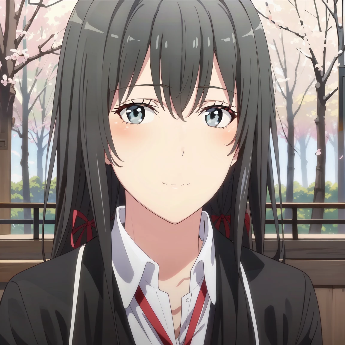 (highres, realistic:1.2), detailed eyes and face, long black hair, school uniform, sitting under cherry blossoms, serene expression, sunlight filtering through the trees, soft pink color palette, anime style