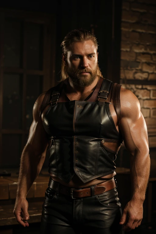 (realistic, high-res),gay bear,blond hair,strong built,40 years old,beard,hairy,leather harness,leather pants, pump chest, oil painting, intense expression, dark background, dramatic lighting, vivid colors, masculine features.