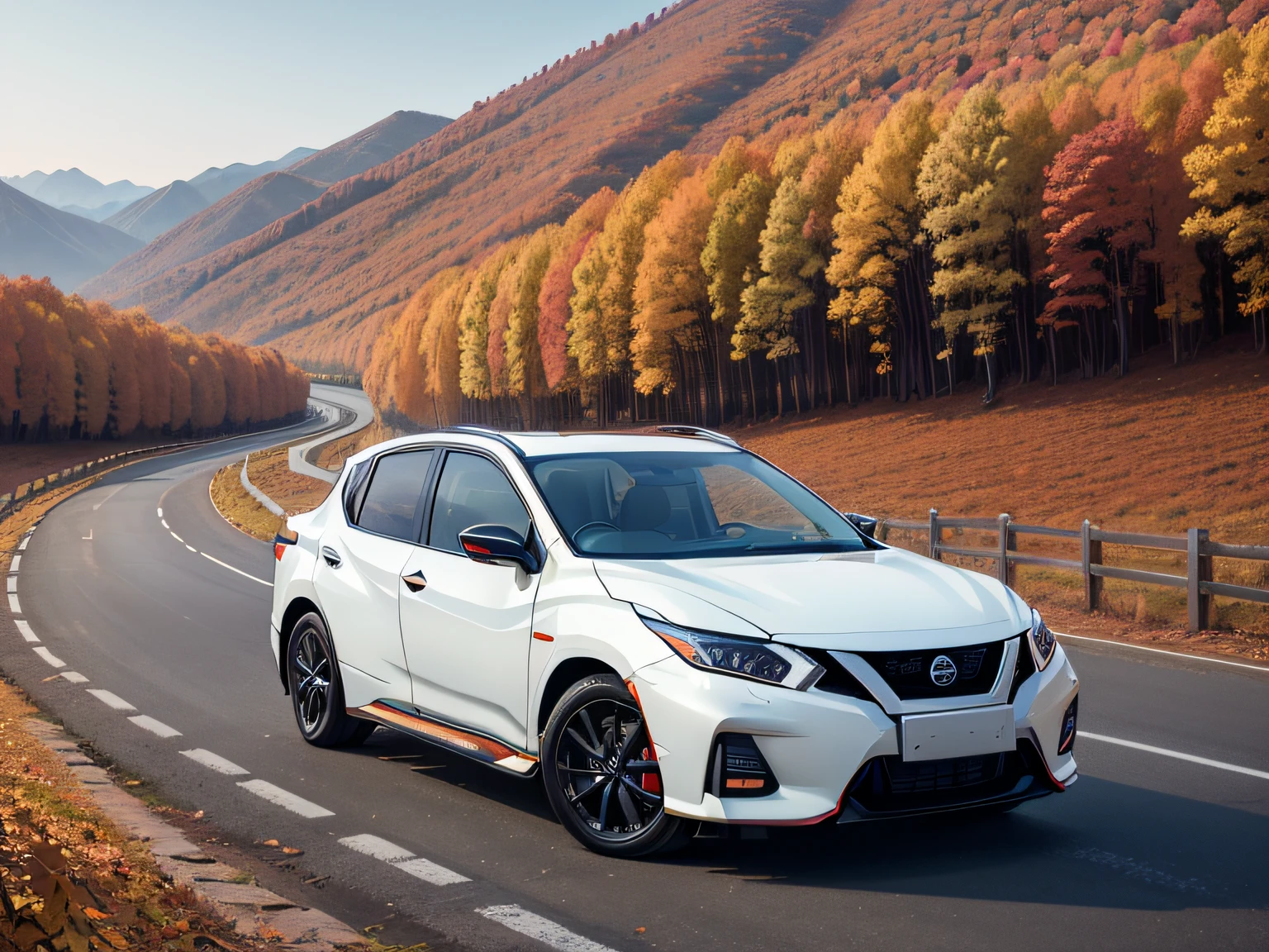 超A high resolution、An ultra-high picture quality、8K、Detailed details、marvelous expression、Late autumn valley、Beautiful autumn leaves、A white car driving gracefully on a mountain pass built along the mountain、((Nissan Be-1))