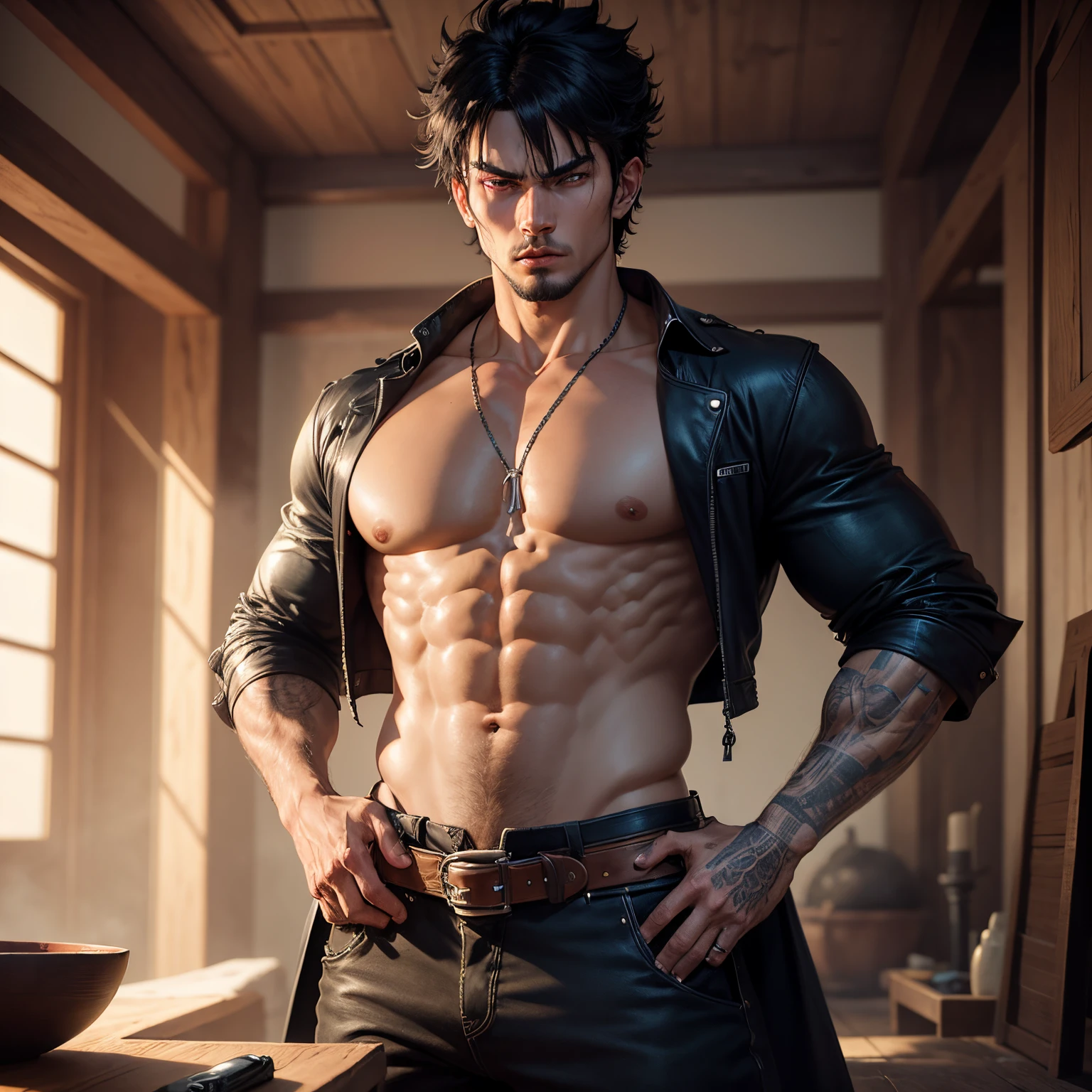 8k, masterpiece, best quality, realistic, higly detailed, cowboy shot, 1boy, solo, Fuutarou, young man, fair skin, black hair, bowl cut, two strands sticking up from the back of his head, bangs that cover his forehead, blue eyes, slim physique, tall build, tends to slouch, serious expression, scary and thuggish vibe, bad guy, demon slayer oni