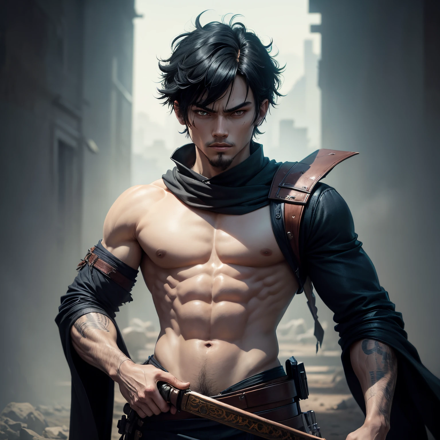 8k, masterpiece, best quality, realistic, higly detailed, cowboy shot, 1boy, solo, Fuutarou, young man, fair skin, black hair, bowl cut, two strands sticking up from the back of his head, bangs that cover his forehead, blue eyes, slim physique, tall build, tends to slouch, serious expression, scary and thuggish vibe, bad guy, demon slayer oni