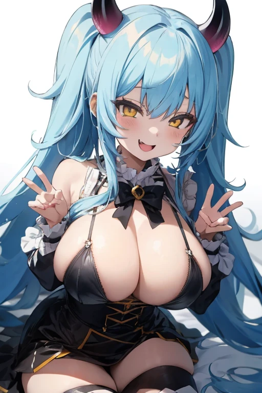 Kawaii Girl,Happy face,sky blue hair,Yellow eyes,Very long straight hair,demonic horns,huge ,Goth lolstume,(rub one's breastsng at Viewer,White background