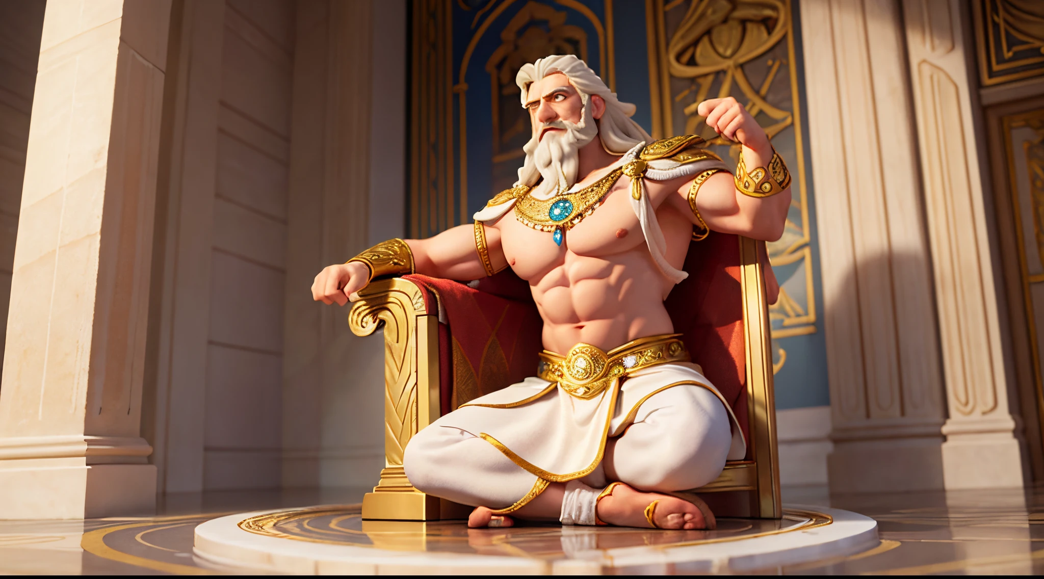 A majestic Zeus, with rippling muscles and a wise gaze, sits upon a throne of pure white marble, adorned with intricate golden details. His robes, inspired by the heroic tales of ancient Greece, flow around him in a regal manner, as he looks down with a curious expression. Rendered in a playful Pixar style, this image captures the essence of a powerful and wise deity.