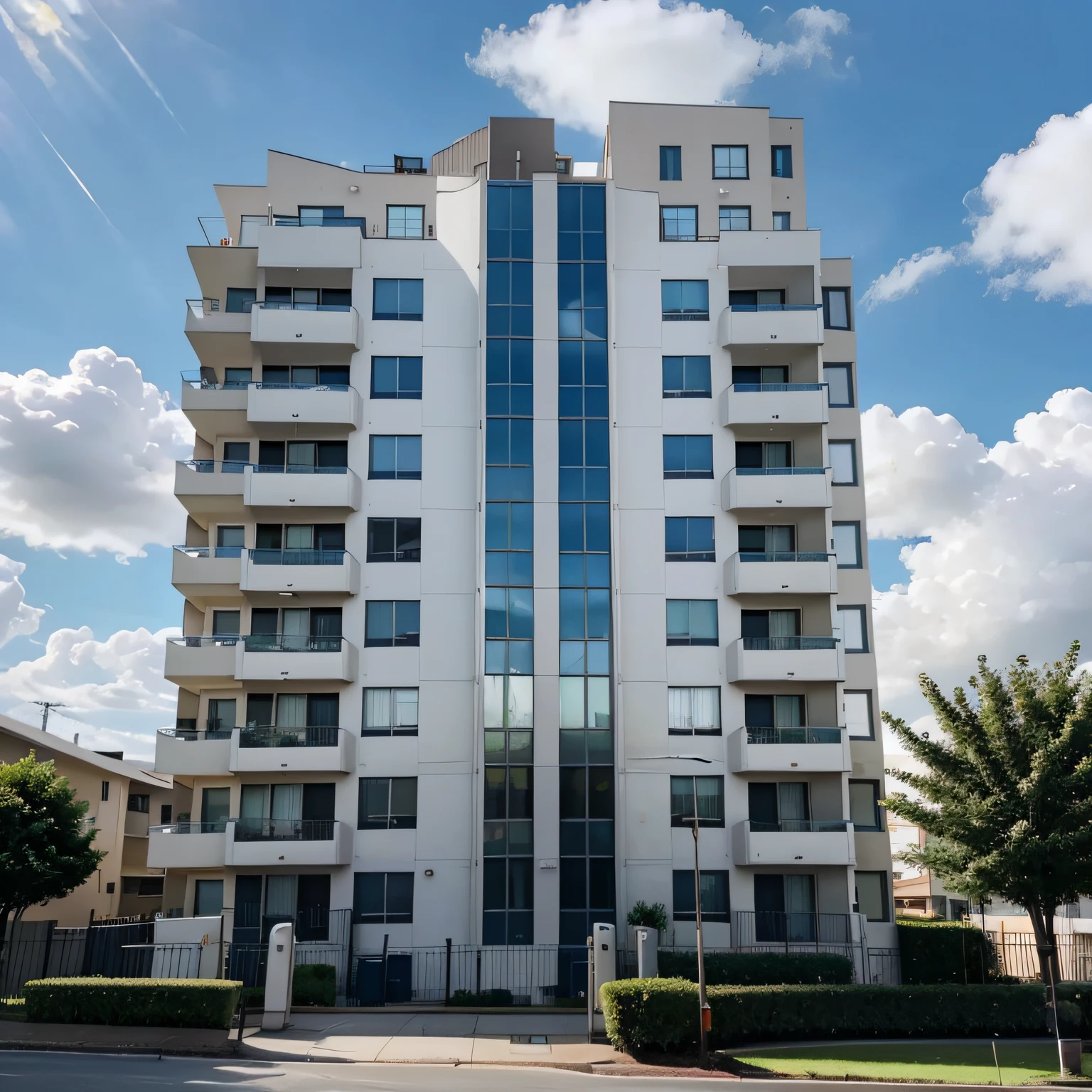 [Image showing a residential building] [front angle of 50%] [Blue sky with some white clouds] [calculators at the base of the building] [duas calculadoras na base do lado direito e esquerdo] [calculators show calculation symbols [addition, subtraction, division, multiplication, percentagem]] [depois da base um lindo gramado verde] [Realistic photo] [por alex1shved]
