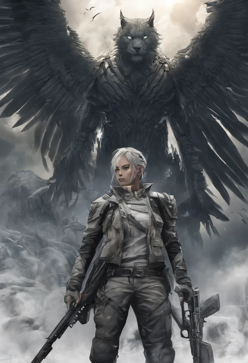（hyper-detailing,tmasterpiece,hyper HD,Best quality at best：1.3）,One has a pair of wings,There are scars on the face,There is an aperture on the head,Adult white tiger surrounded by lightning,The background is a forest and sky,Lightning,