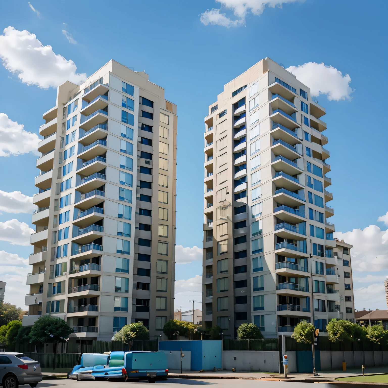 [Image showing a residential building] [front angle of 50%] [Blue sky with some white clouds] [calculators at the base of the building] [duas calculadoras na base do lado direito e esquerdo] [calculators show calculation symbols [addition, subtraction, division, multiplication, percentagem]] [depois da base um lindo gramado verde] [Realistic photo] [por alex1shved]