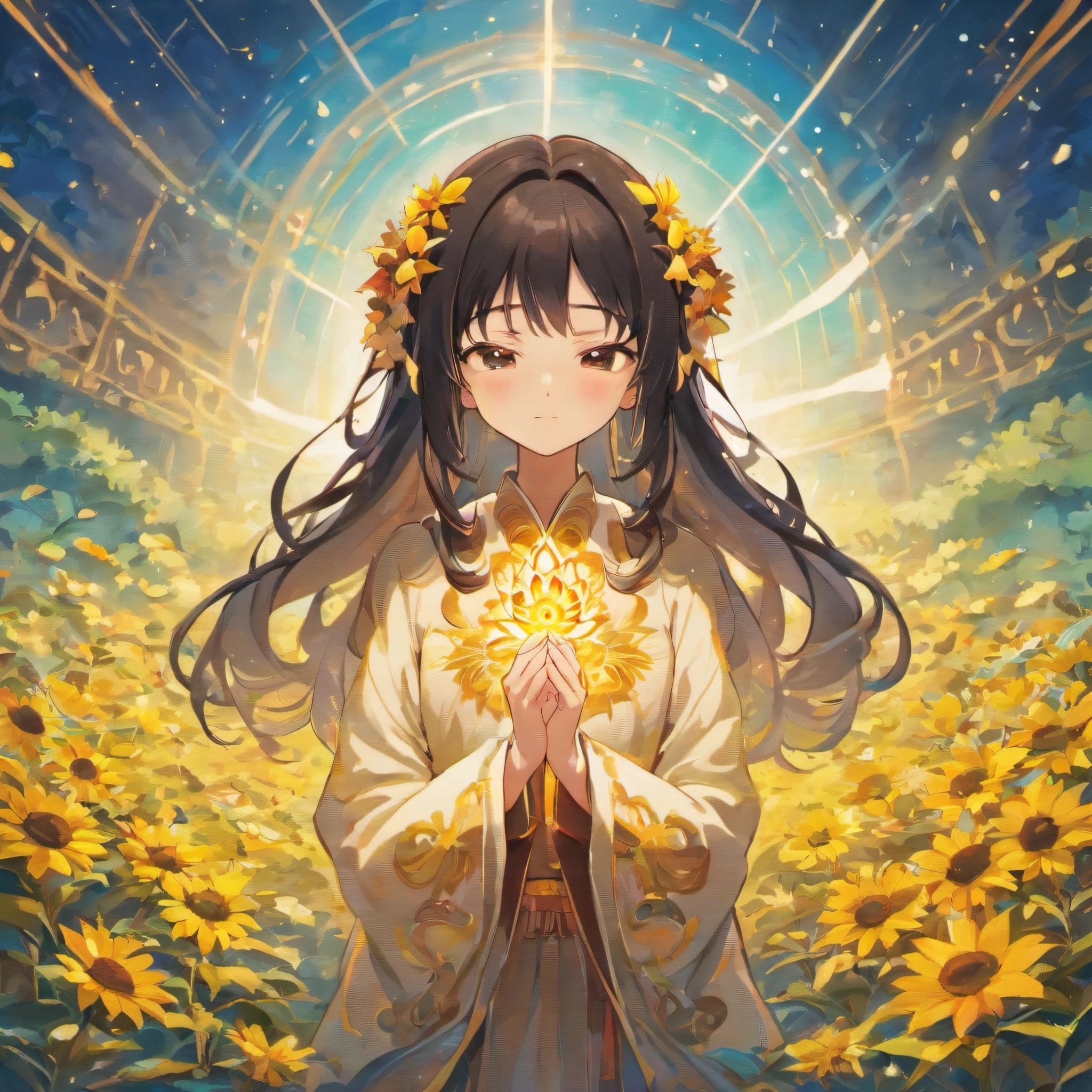 a beautiful black-haired girl、Close your eyes and meditate while folding your hands in prayer in a vast space., Under the blue sky、eternal garden.、Enlightenment、A meditative、harmony、best composition、masutepiece、kosmos、mandalas、(Kongo Mandala、Womb world mandala)