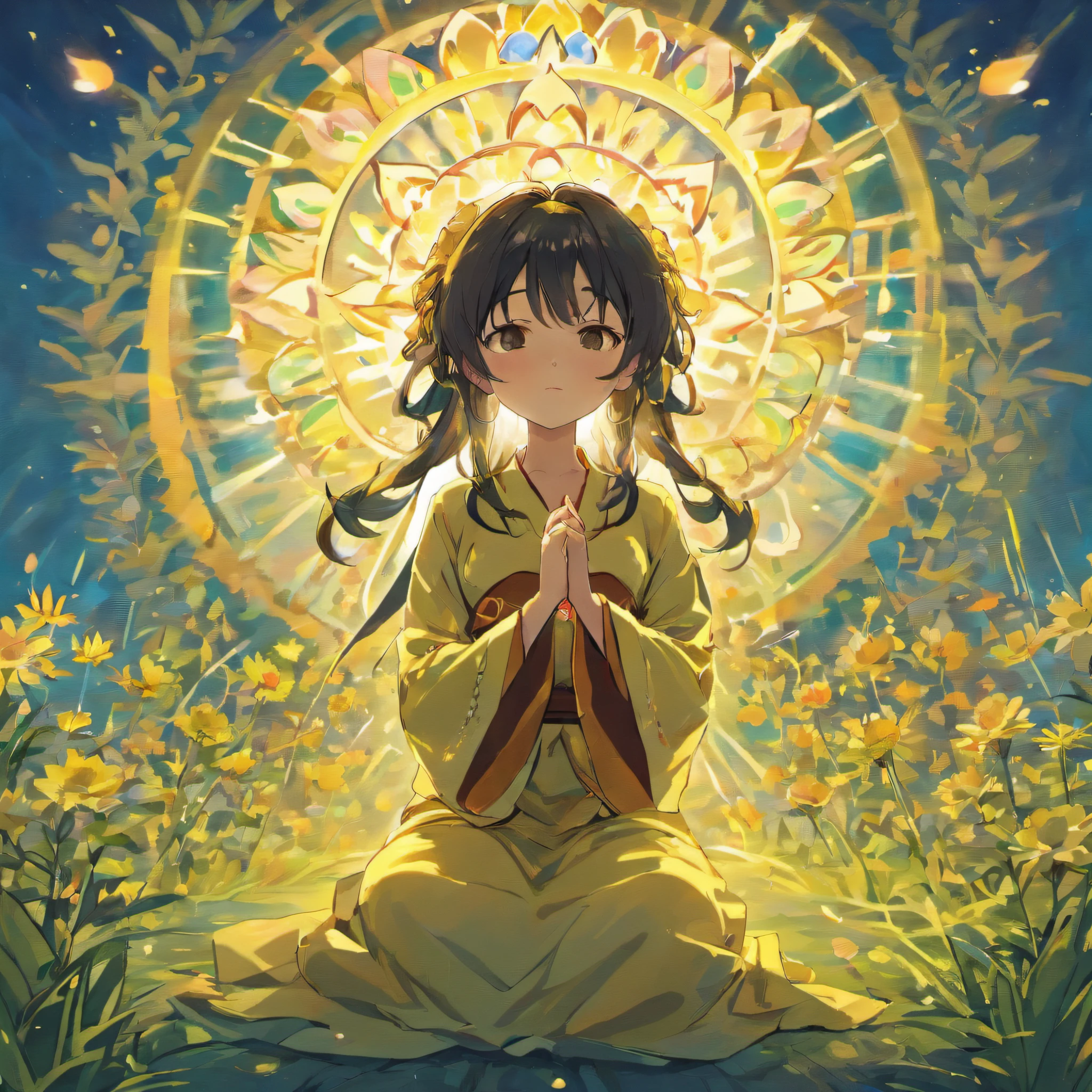 a beautiful black-haired girl、Close your eyes and meditate while folding your hands in prayer in a vast space., Under the blue sky、eternal garden.、Enlightenment、A meditative、harmony、best composition、masutepiece、kosmos、mandalas、(Kongo Mandala、Womb world mandala)
