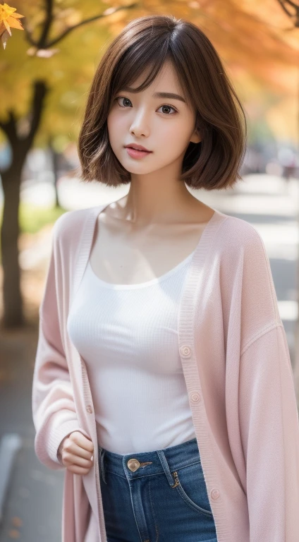 (photographed:1.2)、(Photorealsitic:1.4)、(masterpiece:1.3)、(top-quality:1.4)、超A high resolution、(A detailed eye)、(detailed facial features)、(detailed clothes features)、8K分辨率、solofocus、bangss、Double eyelids、Beautiful lips、toned legs、(Slender girl)、(a japanese girl)、(Japan Faces)、1 girl in、Slim Beauty:1.3、brown haired、Delicate hair、The background is a row of ginkgo trees、(((Autumn clothes)))、((White T-shirt))、(((Pink long-sleeved cardigan)))、(long skirt)、In the street、(Beautiful breasts:1.2)、Realistic body、de pele branca、Slim body、(short-hair:1.2)、(bangss: 1.2)、Bruises and ugly face、kawaii faces、Lifelike face、Delicate body、((sexy pose))、stunning lighting