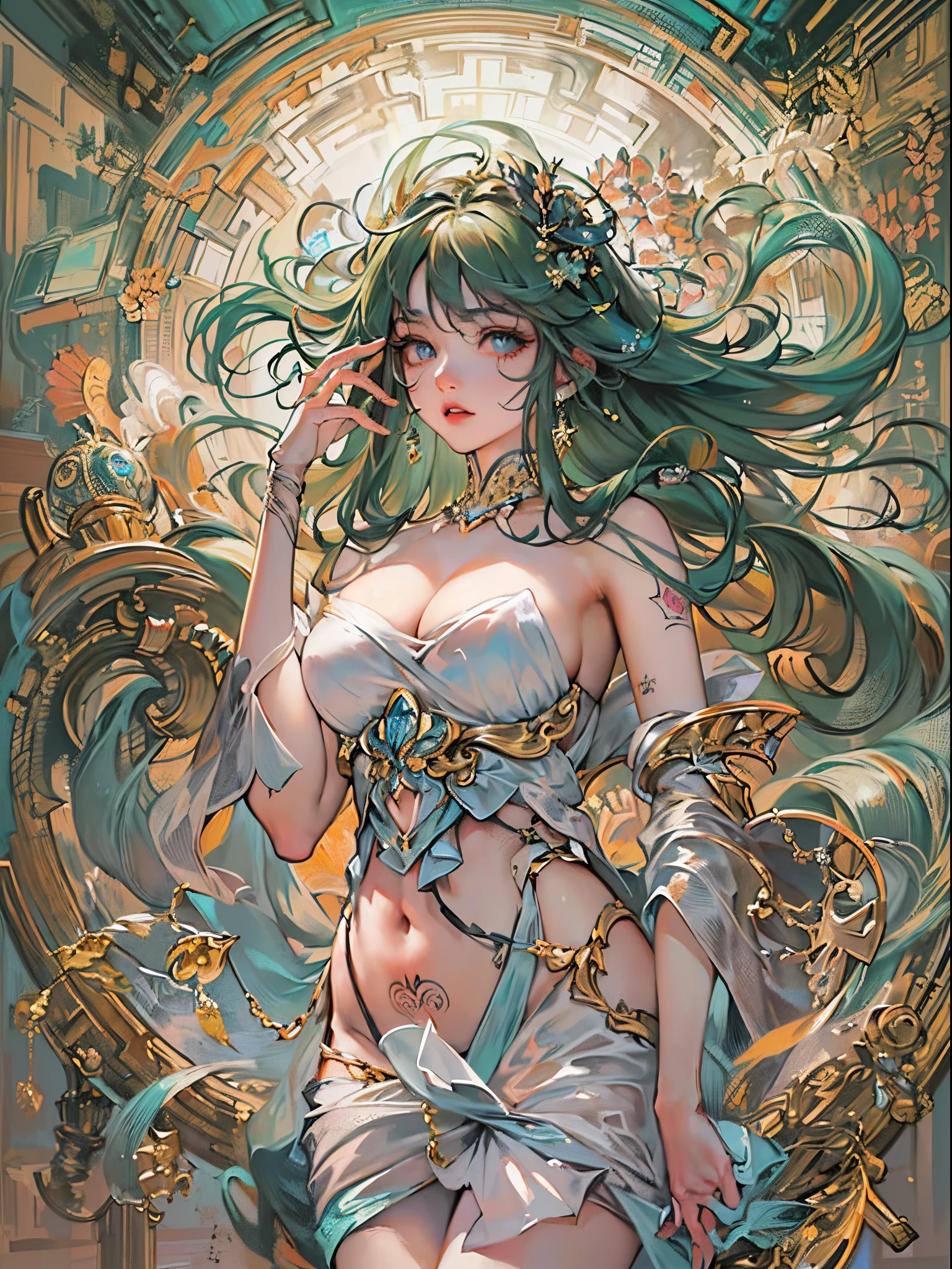 ((Finest quality)),(超A high resolution),(ultra-detailliert),(Meticulous portrayal),((Best Anime)),(Finest works of art),(Ultra-Precision Art),(The art of astounding depiction,Overwhelming depiction:1.5),(Complex and detailed contemporary art:1.6), (woman model:1.5),(Glamorous Body:1.5),huge tit:1.3,a navel,The tattoo:0.9
