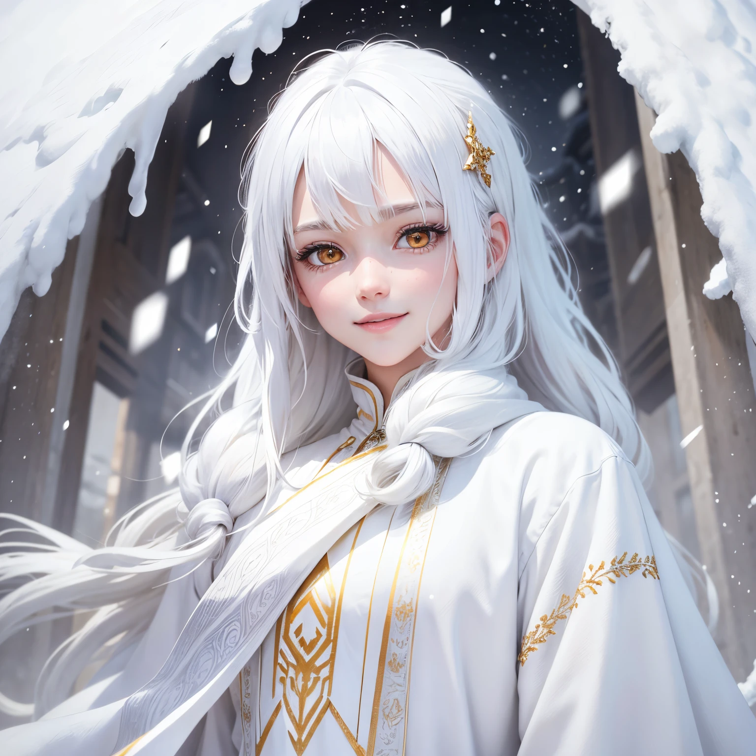 best quality, white hair, gold eyes, white clothes, looking up, upper body, hair strand, Fair skin, smiling, It's snowing