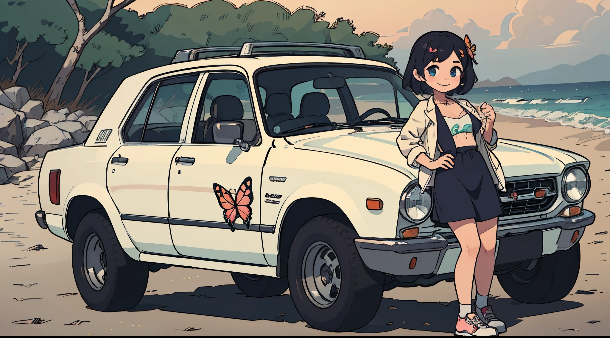 Octane Render、(Hyper-detailing: 1.15)、(Soft light、sharp: 1.2)、morning、 posing in front of car in parking lot near beach, Full body,Accessories for shoes、( hair adornments、耳Nipple Ring、Floral hair ornament、butterfly hair ornament)、 Fuji Film, F/4.0, masutepiece, Anatomically correct、A smile, radiant light